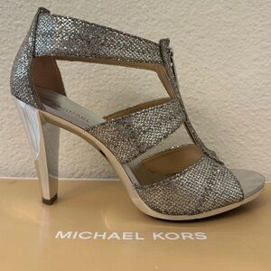 Michael Kors Berkley T Strap Glitter Silver Heels